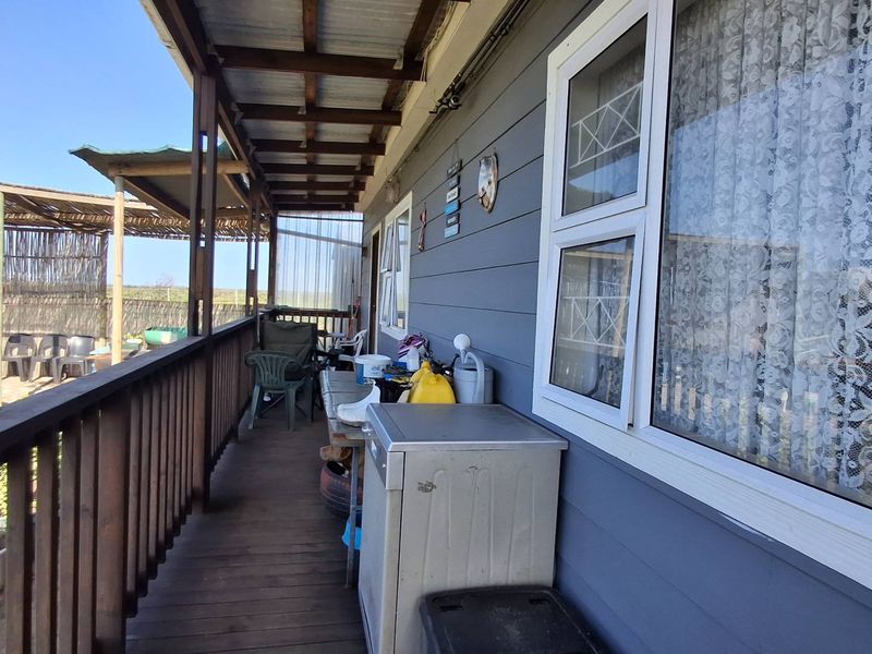 A covered timber deck patio featuring a corrugated metal roof, timber balustrades, and aluminium window frames, providing an outdoor transition space.