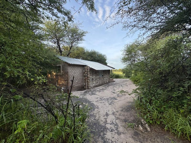 A rustic stone-walled farm building with a corrugated metal roof, situated in a natural, wooded setting with a concrete exterior area.