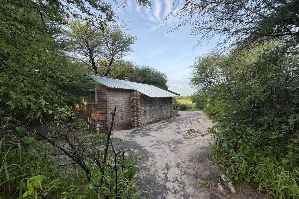 A rustic stone-walled farm building with a corrugated metal roof, situated in a natural, wooded setting with a concrete exterior area.