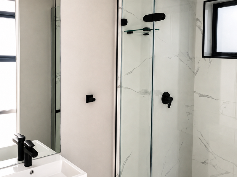 Modern bathroom featuring a sleek vanity with black fixtures, a walk-in shower with marble-look tiling, and contemporary black hardware throughout.