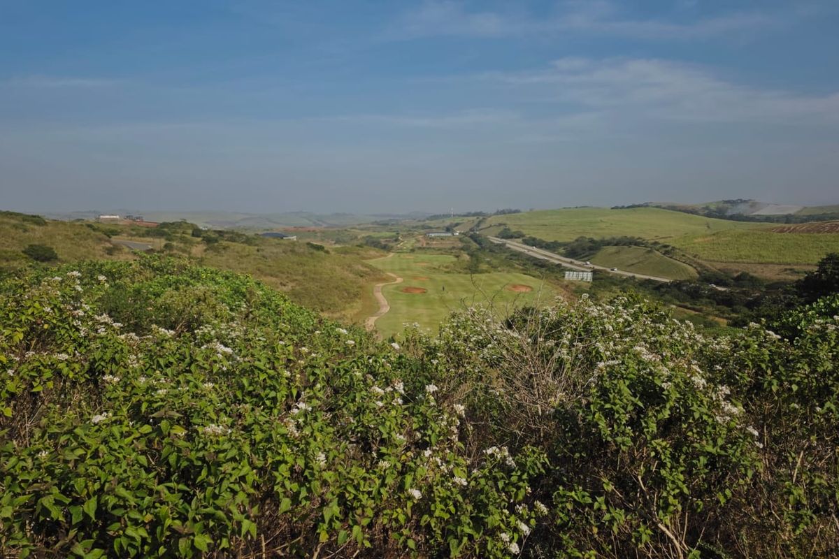 A scenic elevated view overlooking a golf course and surrounding natural landscape, showcasing the expansive terrain of the vacant residential land.