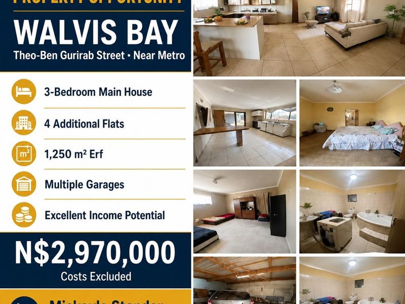 A real estate marketing collage showcasing various interior spaces of a property in Walvis Bay, including living areas, bedrooms, and a bathroom.