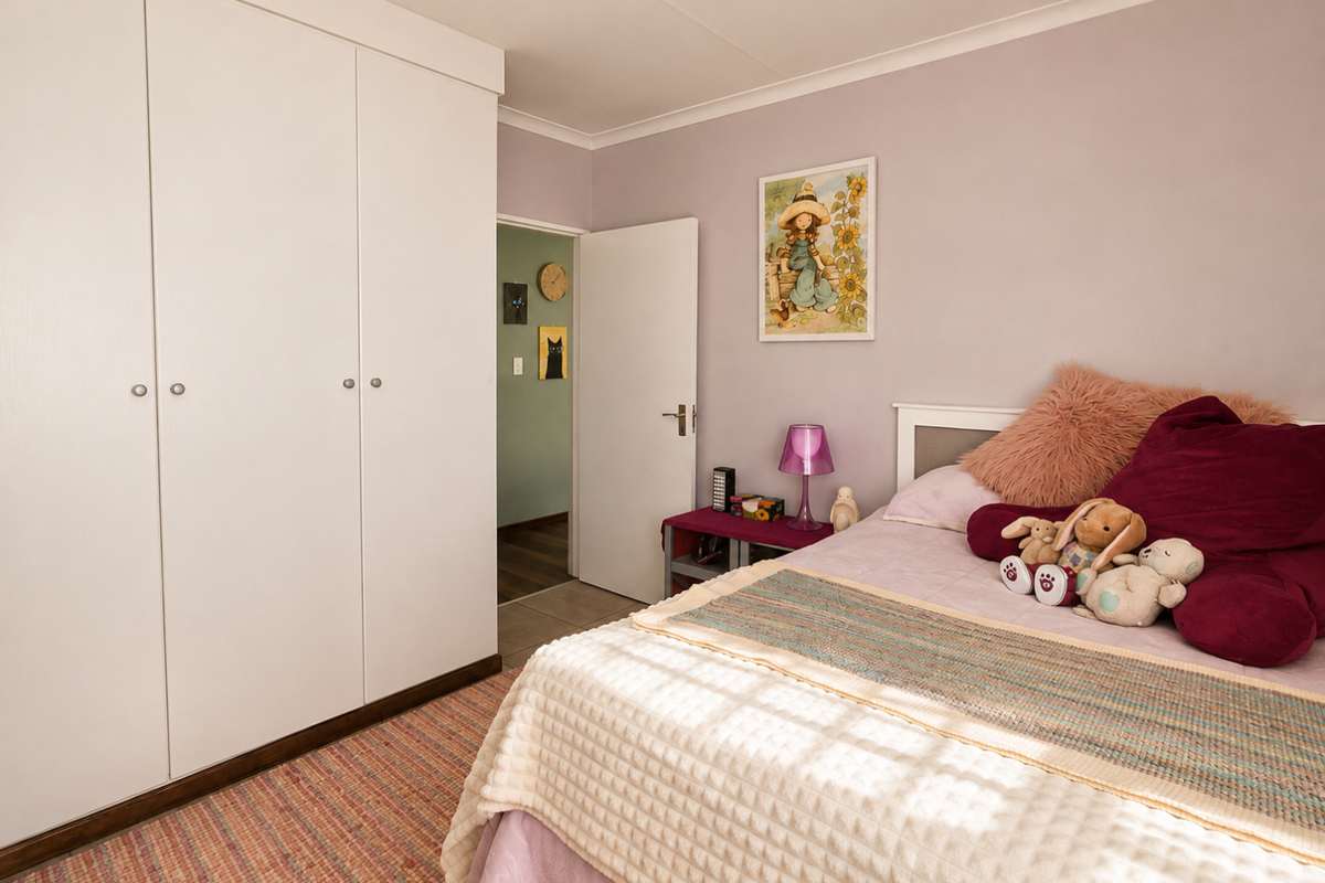 A bedroom featuring built-in cupboards and coved ceiling details, offering a functional space with neutral wall finishes.