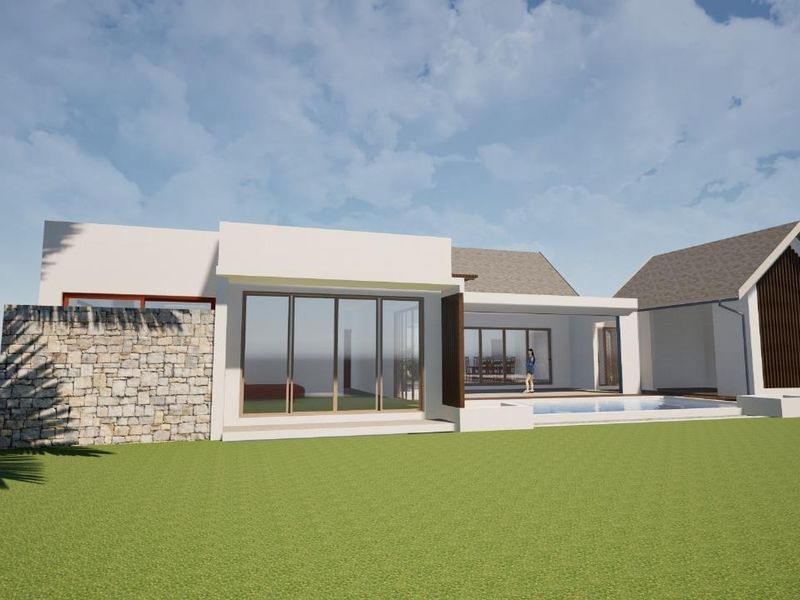 A modern architectural rendering of a residential property featuring a swimming pool, stone feature wall, and expansive glass sliding doors.