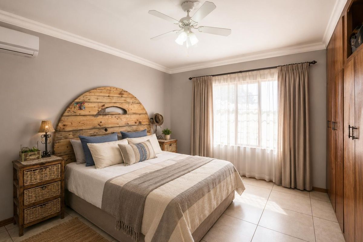 A well-maintained bedroom featuring tiled flooring, a ceiling fan, built-in wooden cabinetry, and a wall-mounted air conditioning unit.