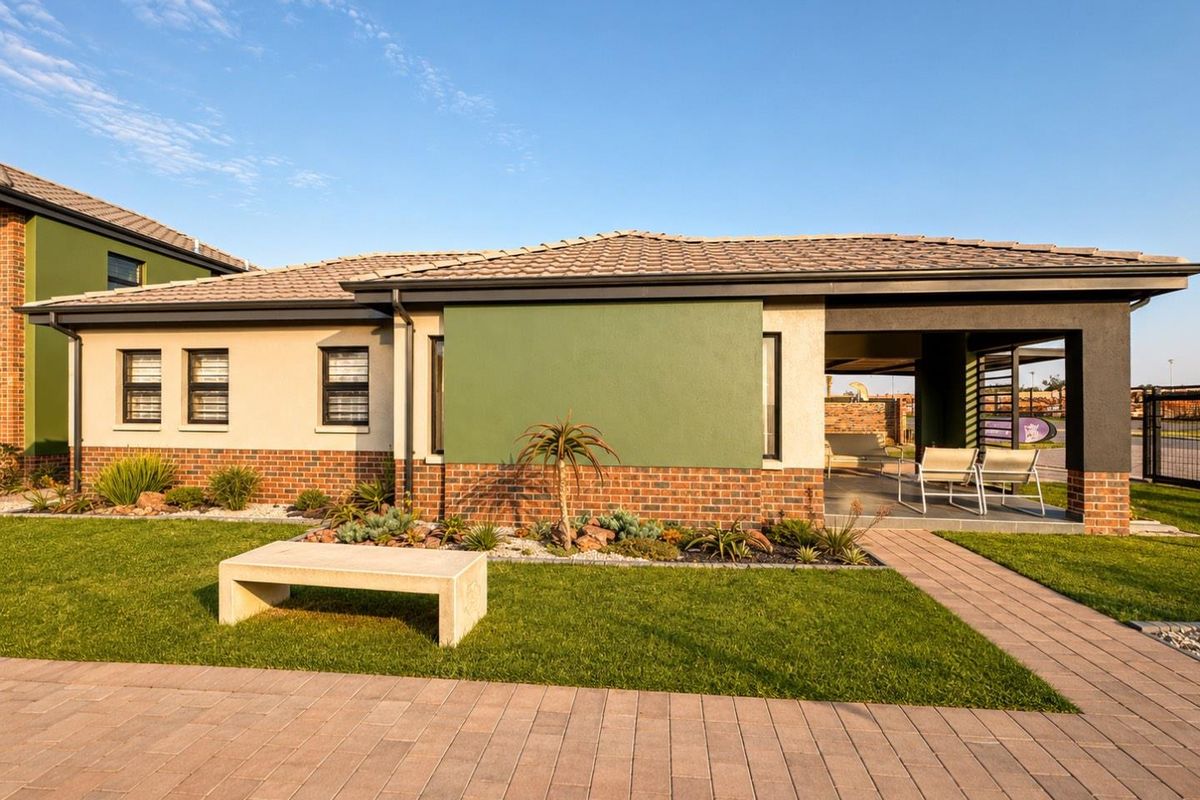 A well-maintained exterior rear view featuring a paved walkway, landscaped garden, and a covered patio area with brick and plaster facade finishes.