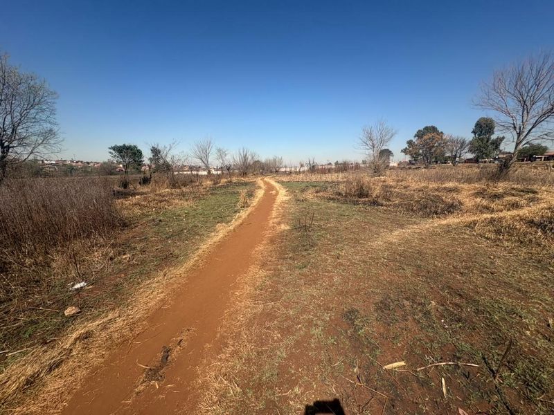 A view of an undeveloped residential plot featuring a dirt track and natural vegetation under a clear blue sky.