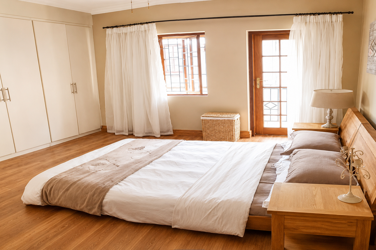A well-maintained bedroom featuring laminate flooring, extensive built-in cupboards, and direct access to an outdoor area through a timber door.