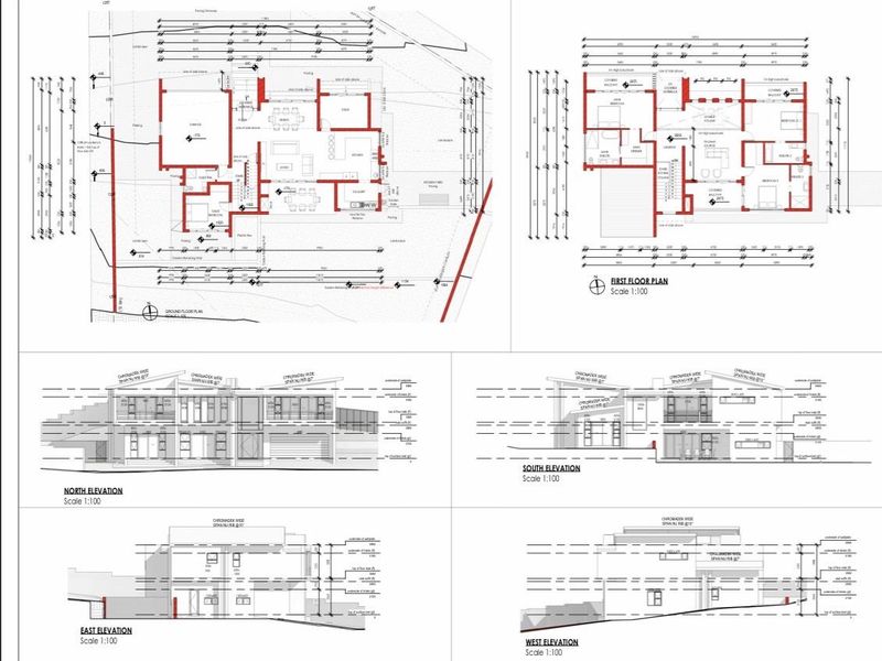 Architectural floor plans and elevation drawings for the property, detailing the layout and exterior design specifications.