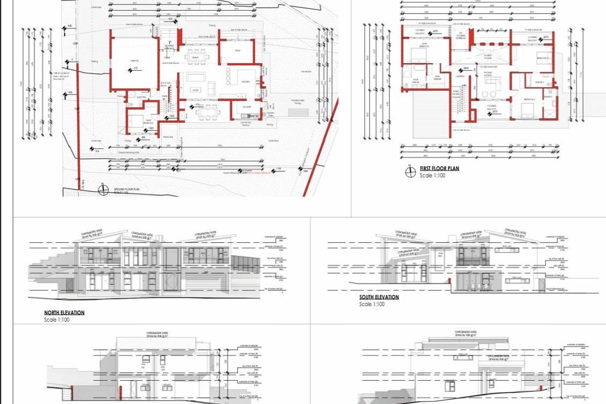 Architectural floor plans and elevation drawings for the property, detailing the layout and exterior design specifications.