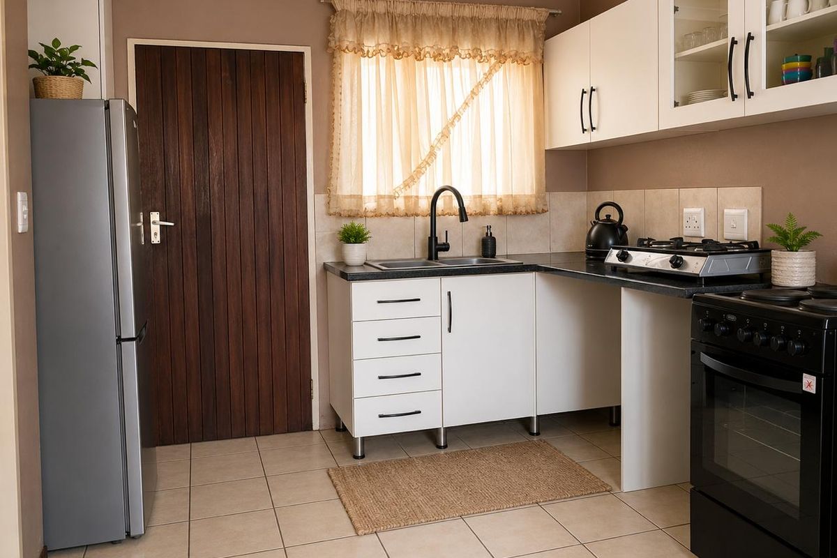 A functional kitchen featuring white cabinetry, dark countertops, a stainless steel sink with a modern black tap, and tiled flooring.