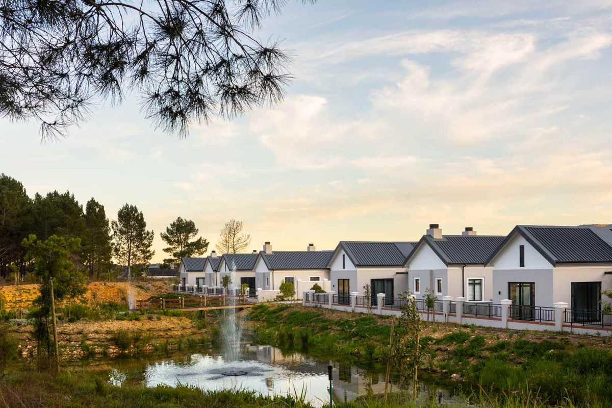 A scenic view of a row of modern residential houses featuring metal roofs, overlooking a landscaped pond with a central fountain.