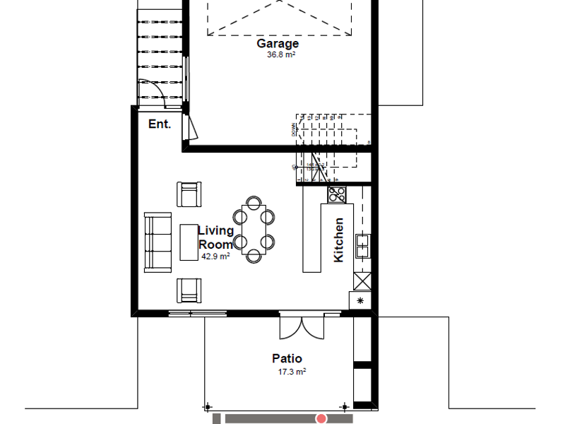 Ground floor architectural plan showing the layout of the living room, kitchen, patio, and garage.