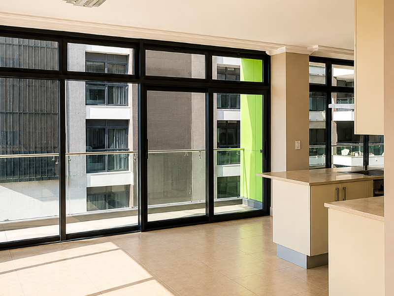 Bright open-plan living and kitchen area featuring tiled floors, modern cabinetry, and large sliding glass doors opening to a balcony with urban views.