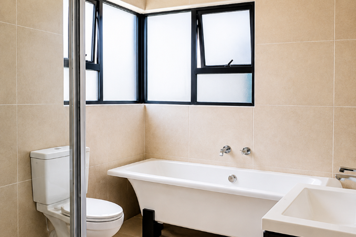 A modern, well-maintained bathroom featuring a freestanding bathtub, a separate shower enclosure, a vanity basin, and neutral floor-to-ceiling wall tiles.