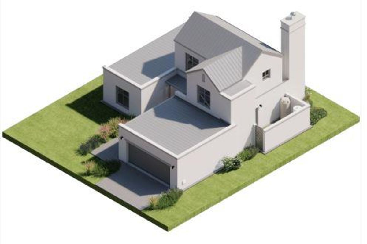 A 3D architectural render showing the exterior layout and massing of the residential property, including the garage and roof structure.