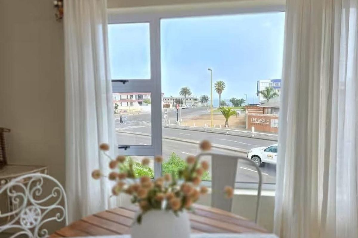 A view of the street and coastal neighborhood through a large window, framed by white curtains.