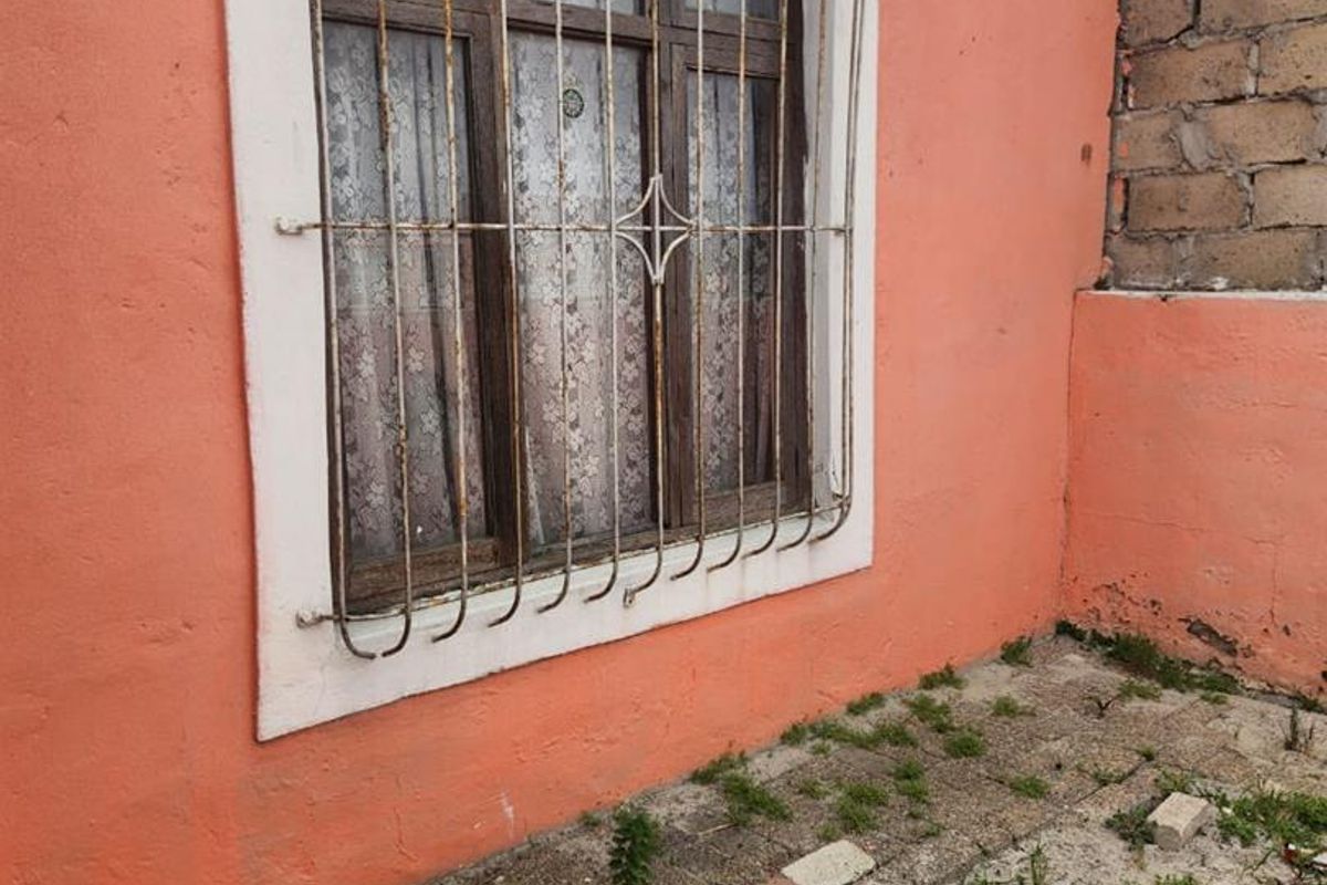 Exterior view of a residential wall featuring a timber window with a security gate, showing signs of wear and weathering.