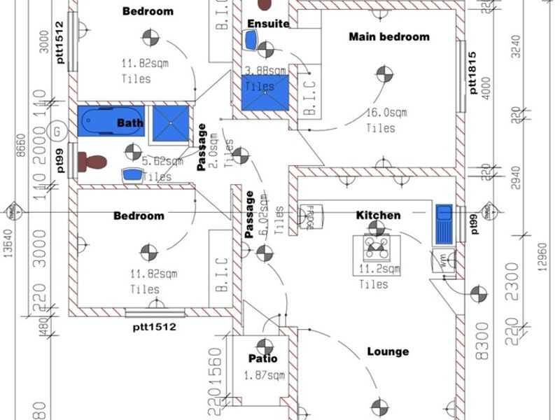 A detailed architectural floor plan showing the layout of a house including bedrooms, bathrooms, kitchen, lounge, and patio areas with dimensions.
