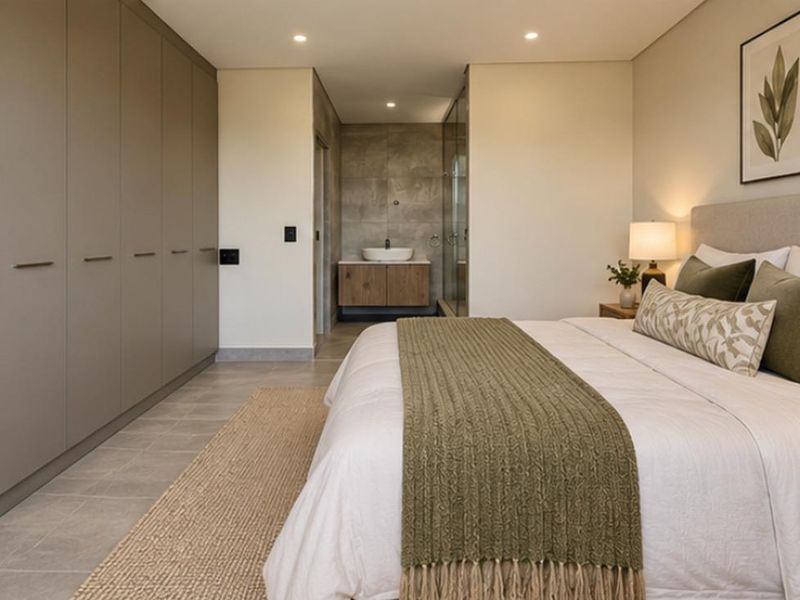 Modern bedroom featuring extensive built-in cabinetry, neutral tiled flooring, and an open-plan en-suite bathroom with a contemporary vanity and glass shower.