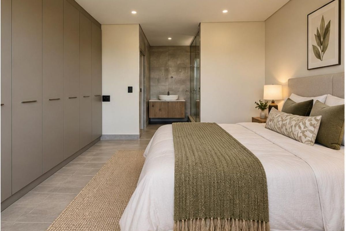 Modern bedroom featuring extensive built-in cabinetry, neutral tiled flooring, and an open-plan en-suite bathroom with a contemporary vanity and glass shower.