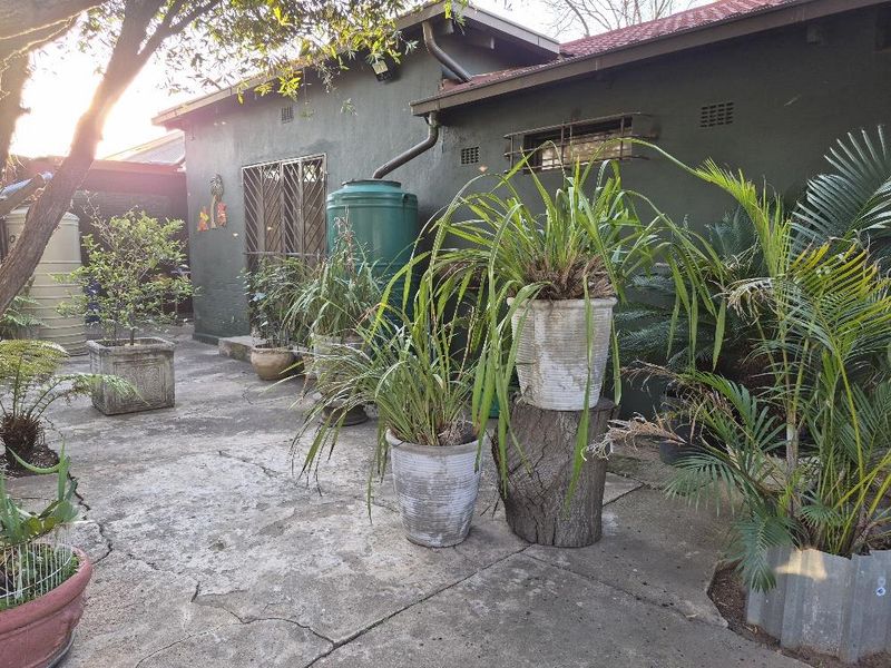 Rear exterior view of the property featuring a concrete patio area, rainwater collection tank, and security gate access.