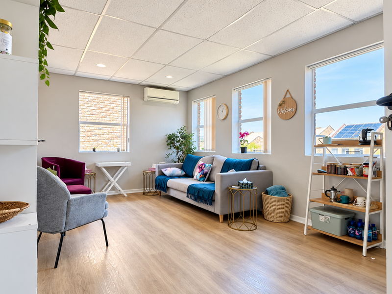 A bright and well-maintained living area featuring vinyl plank flooring, a suspended ceiling, and a wall-mounted split-system air conditioner.