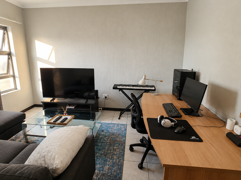 A functional living room featuring tiled flooring and natural light from an aluminium-framed window, currently utilized as a combined lounge and workspace area.