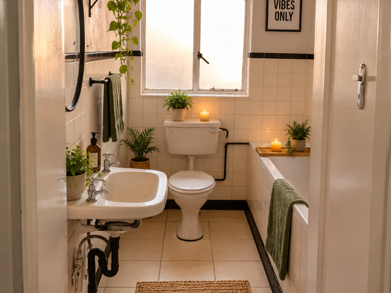 A compact bathroom featuring a wall-mounted basin, standard toilet, and bathtub with tiled finishes and a window providing natural light.