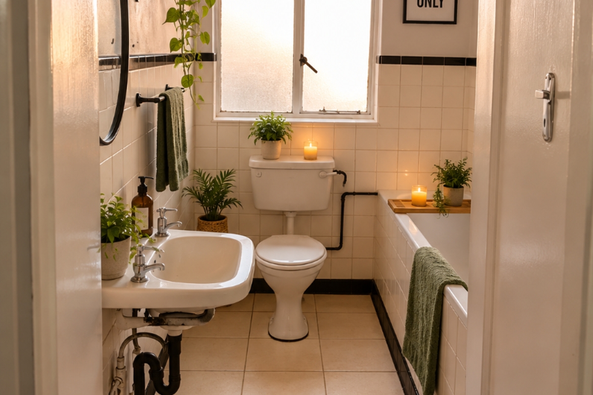 A compact bathroom featuring a wall-mounted basin, standard toilet, and bathtub with tiled finishes and a window providing natural light.