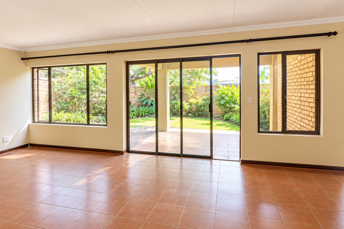 Spacious, sunlit living area featuring neutral walls, terracotta-style floor tiles, and large sliding glass doors providing seamless access to the rear patio and garden.