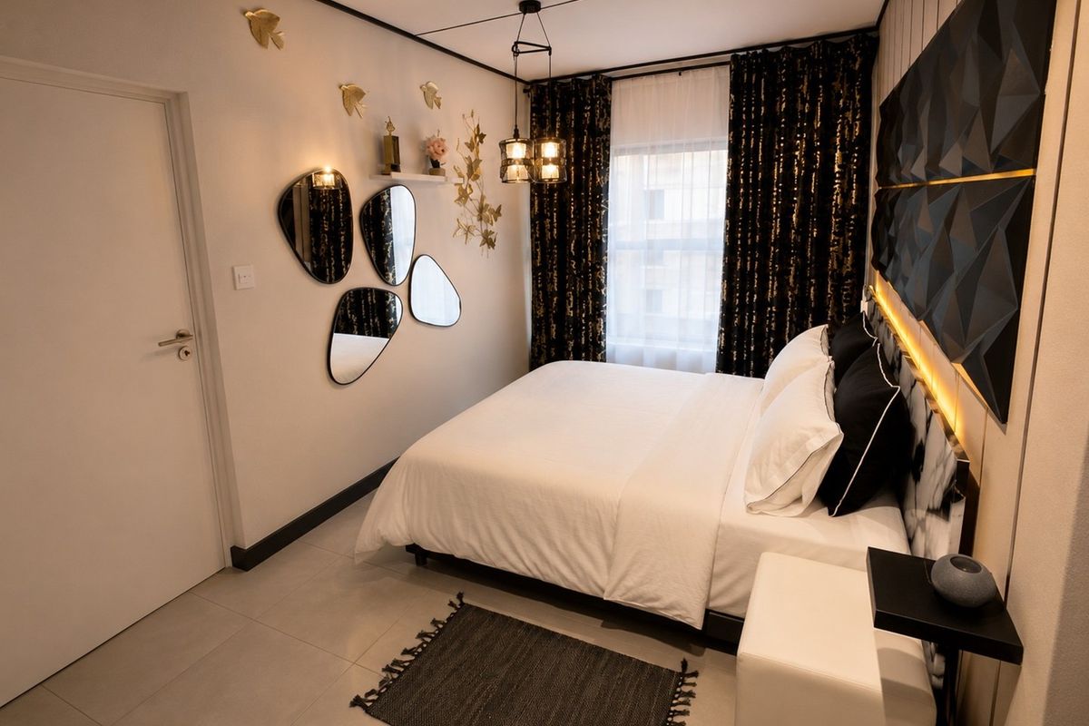 A modern, well-appointed bedroom featuring tiled flooring, decorative wall paneling with integrated lighting, and contemporary pendant fixtures.