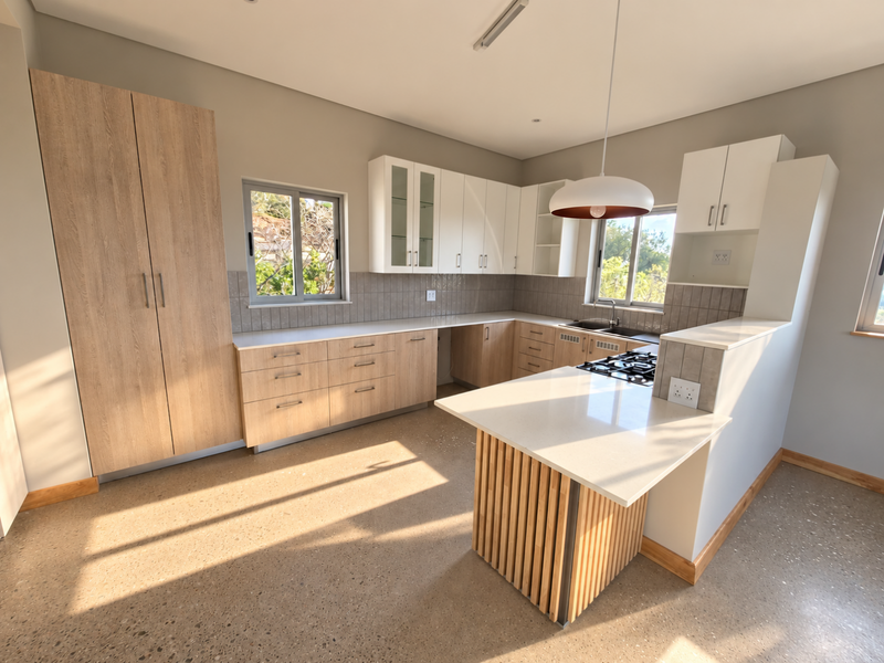 Modern kitchen featuring light wood and white cabinetry, stone countertops, a central island with a gas hob, and polished concrete floors.