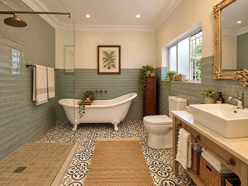 A beautifully appointed bathroom featuring a freestanding clawfoot tub, a walk-in shower with glass screen, patterned floor tiles, and a modern vanity basin.