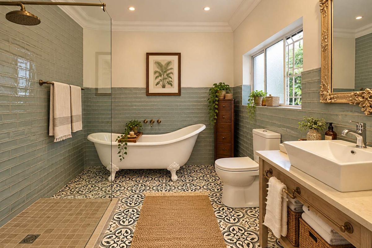 A beautifully appointed bathroom featuring a freestanding clawfoot tub, a walk-in shower with glass screen, patterned floor tiles, and a modern vanity basin.