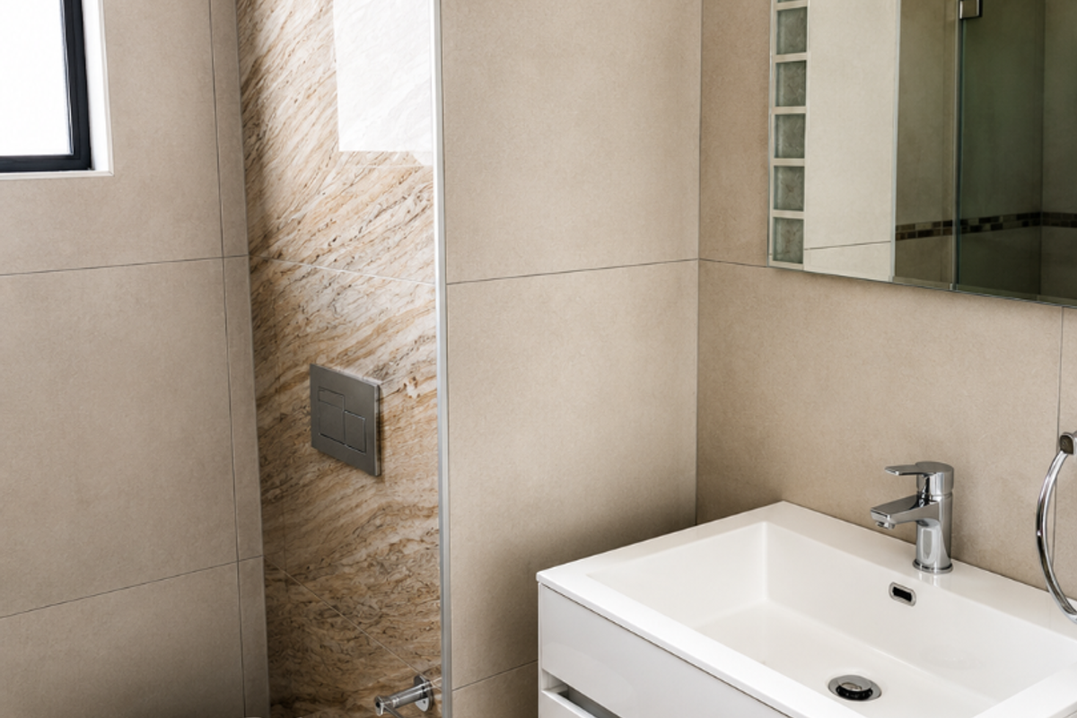 Modern bathroom featuring a wall-hung toilet with concealed cistern, sleek vanity cabinet with basin, and contemporary tiled finishes.