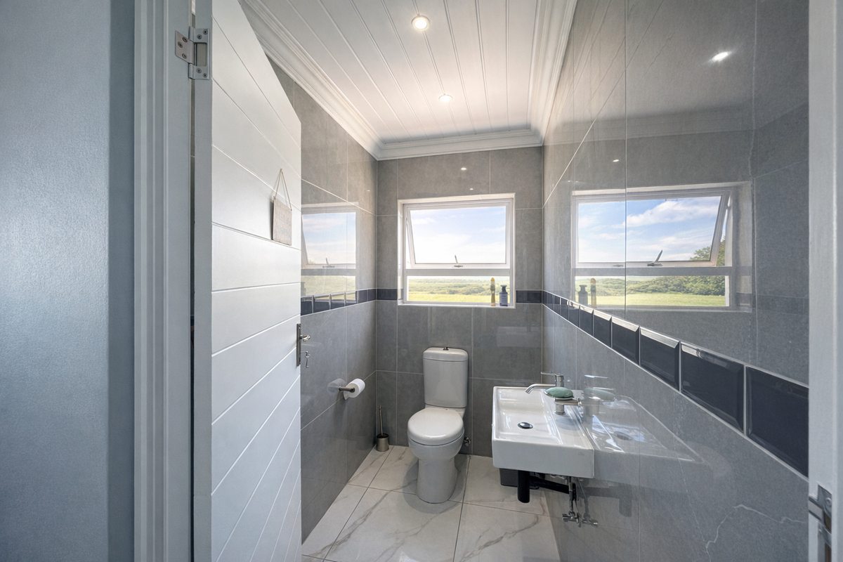 A modern, compact guest bathroom featuring grey wall tiles, a white wall-mounted basin, a toilet, and a tongue-and-groove ceiling with recessed lighting.