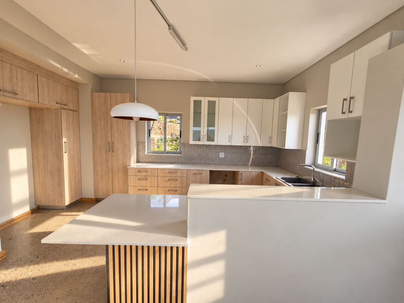 Modern, bright kitchen featuring light wood and white cabinetry, stone countertops, a functional island, and terrazzo flooring in excellent condition.