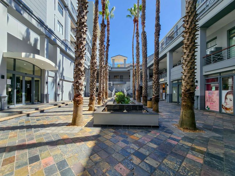 A well-maintained apartment complex courtyard featuring paved flooring, mature palm trees, and a central raised planter box.