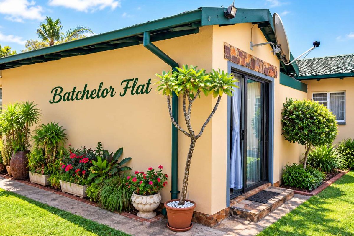 Exterior view of a bachelor flat featuring a sliding glass door entrance, stone accents, and well-maintained garden surroundings.