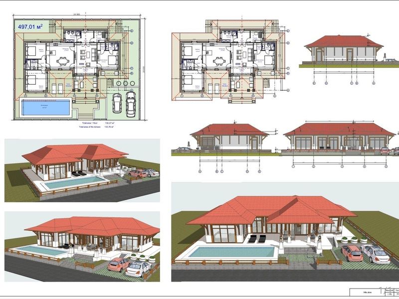 Architectural floor plan and 3D rendered elevations for a villa featuring a swimming pool, covered terrace, and integrated parking.