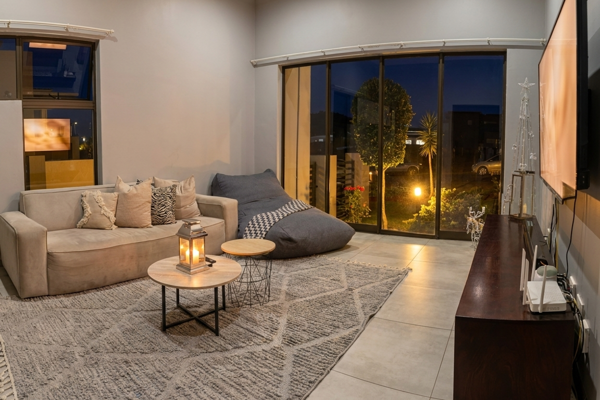 A modern, well-lit living room featuring large sliding glass doors, tiled flooring, and a wall-mounted television, offering a comfortable and contemporary living space.