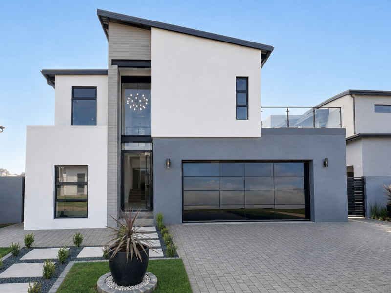 A modern double-story residential facade featuring a sleek garage door, stone accents, and a paved driveway with landscaped garden elements.
