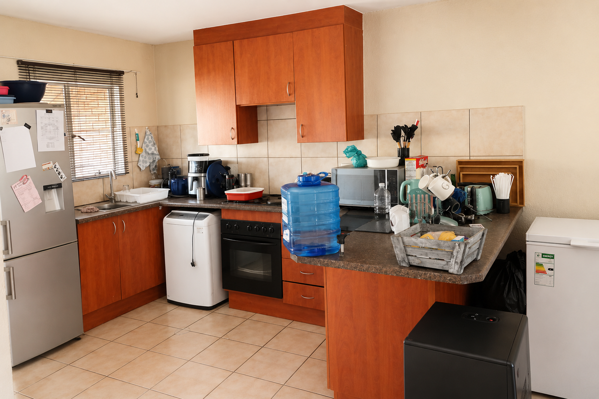 Functional kitchen featuring wood-veneer cabinetry, tiled backsplash, built-in oven, and hob, with ample counter space and tiled flooring.