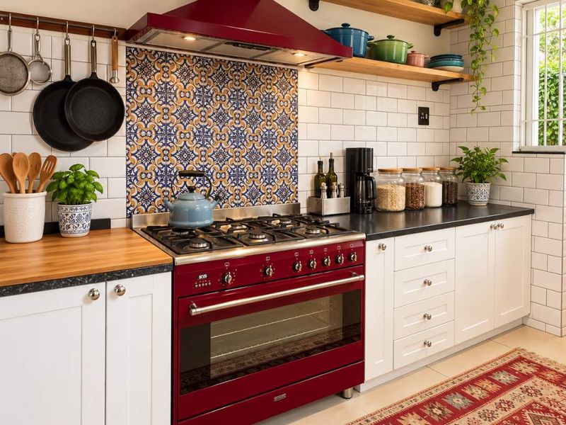 A well-maintained kitchen featuring a striking red gas range, decorative tile backsplash, subway tiles, and open wooden shelving with ample cabinetry.
