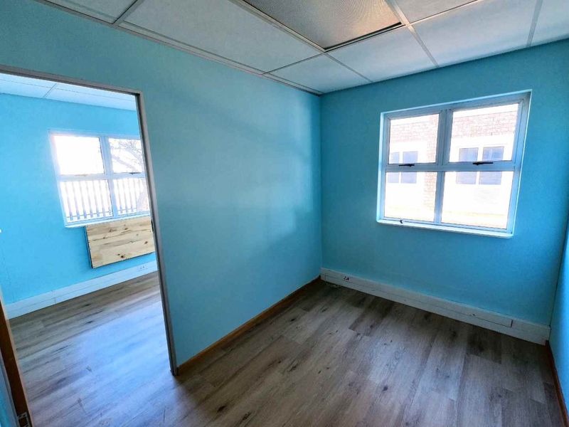 A vacant office space featuring light blue walls, laminate flooring, and a suspended ceiling with natural light from aluminium-framed windows.