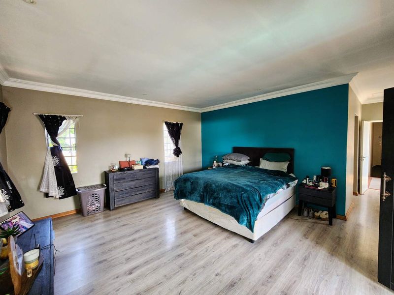 Spacious bedroom featuring light-toned laminate flooring, decorative cove cornicing, and dual-aspect windows, providing a bright and functional living space.