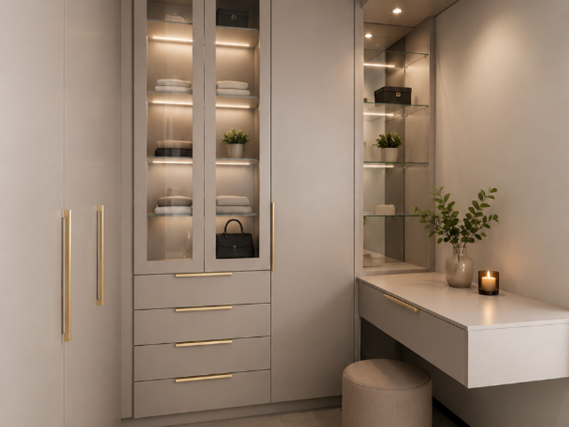 A modern, high-end dressing area featuring custom built-in cabinetry with integrated glass shelving, recessed lighting, and a sleek floating vanity.
