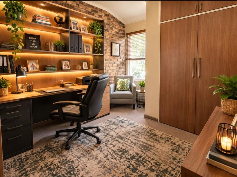A well-appointed home office featuring a custom built-in desk, integrated shelving with LED lighting, an exposed brick feature wall, and ample built-in cupboard storage.