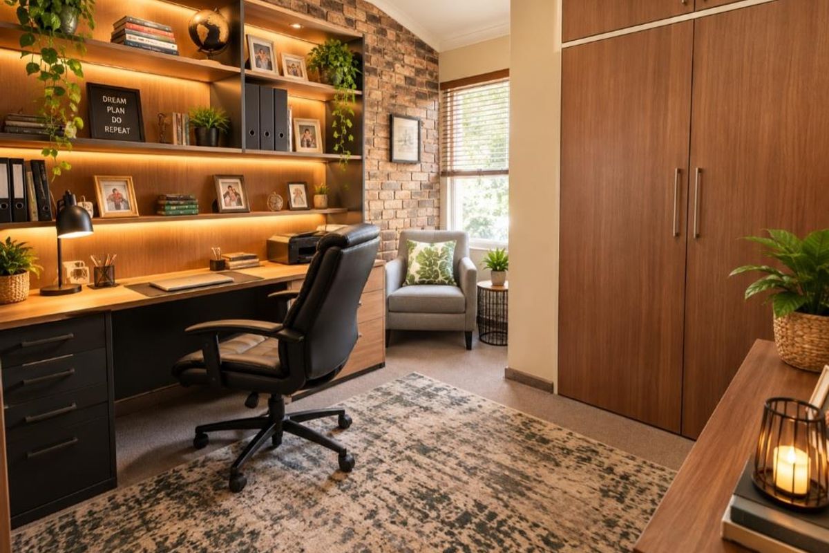 A well-appointed home office featuring a custom built-in desk, integrated shelving with LED lighting, an exposed brick feature wall, and ample built-in cupboard storage.